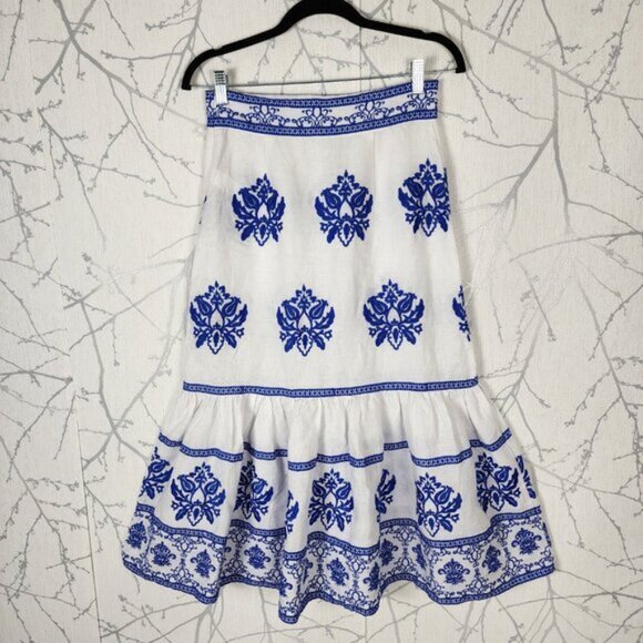 Zara White Blue Embroidered 100% Linen Flowy Peplum Long Skirt - Picture 4 of 6